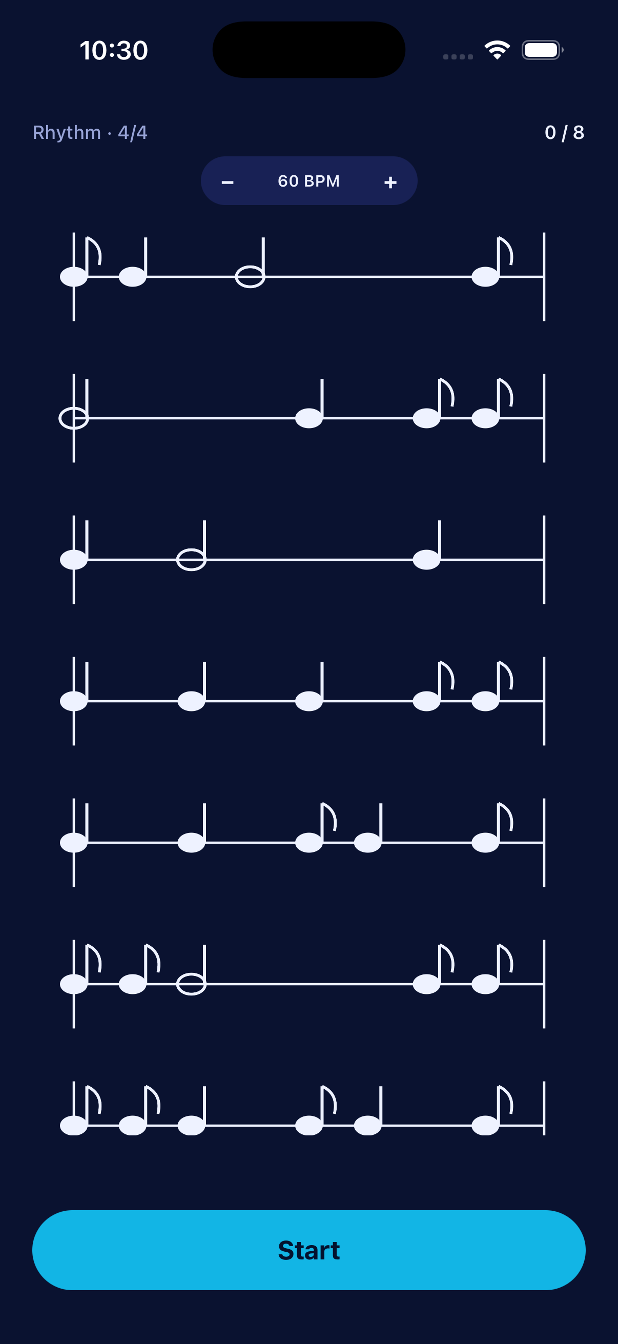 NotaVista Rhythm mode — tapping a rhythm under the playhead